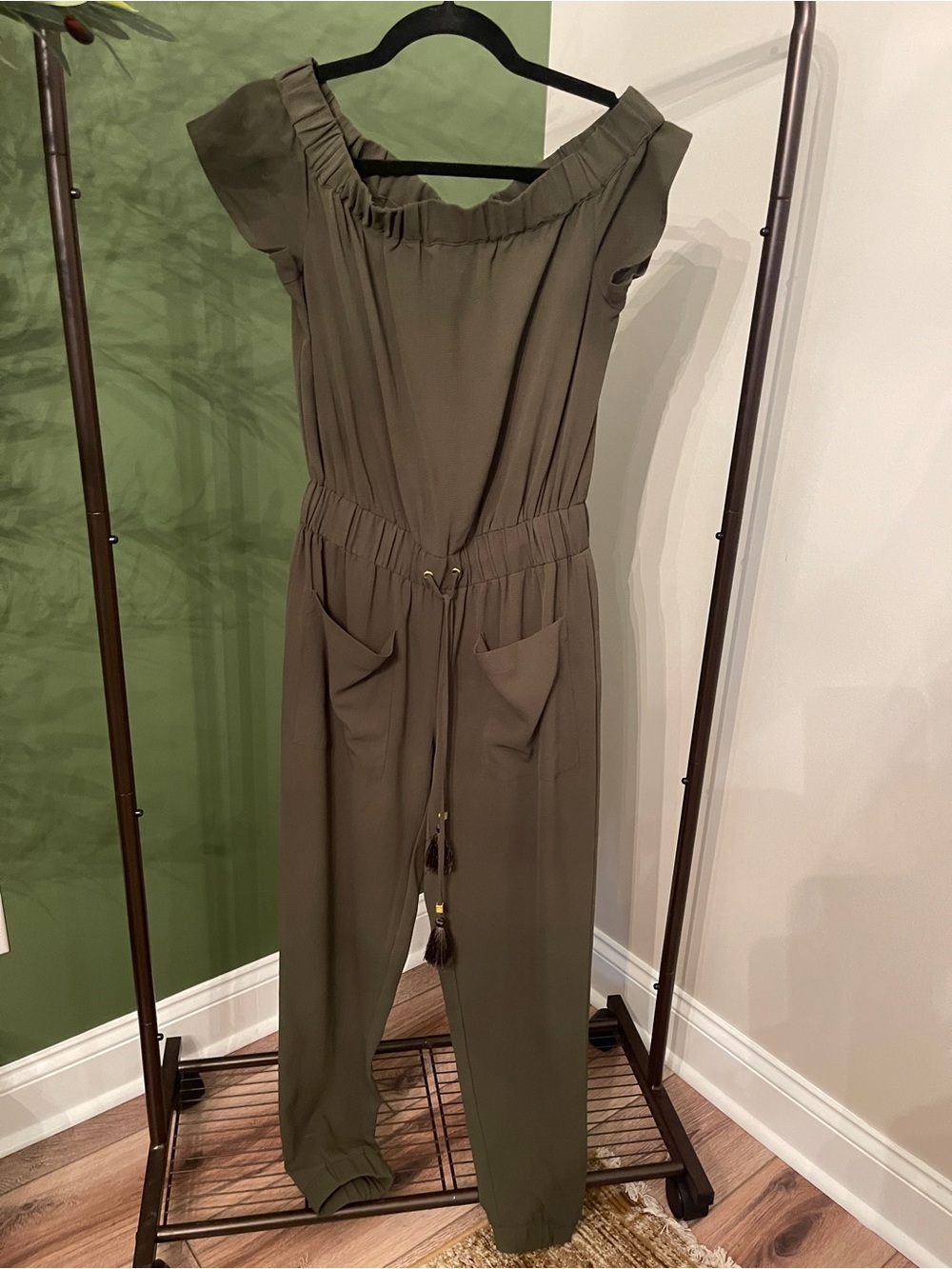 Michael Kors Olive Off-The-Shoulder Drawstring Jumpsuit